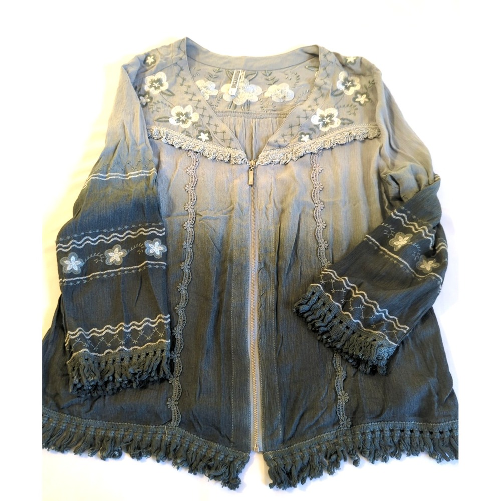 Boho Embroidered Fringe Jacket Shacket L Gray Ombre Zip Up Western MONORENO